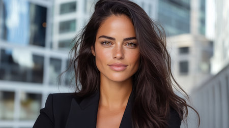 A Confident woman with long hair in fitted outfit, smiling outdoorsの素材