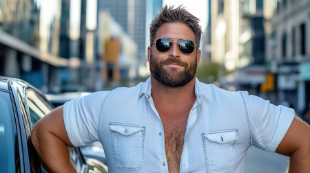 A stylish man with sunglasses standing confidently by car in modern cityの素材