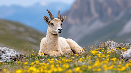 A serene ibex resting among vibrant wildflowers in mountainous landscapeの素材