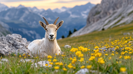 A serene ibex resting among vibrant wildflowers in mountainous landscapeの素材