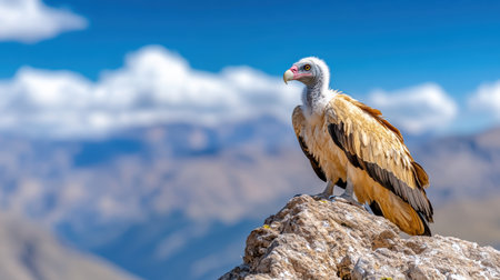 A vulture perched on rocky outcrop, basking in sunlight against blue skyの素材