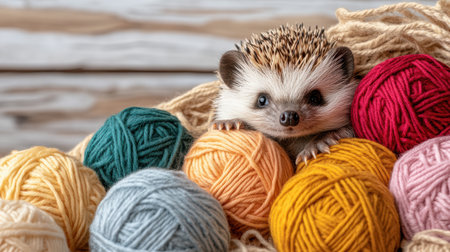 A hedgehog peeking out from pile of colorful yarn, creating playful sceneの素材