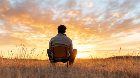 A person sitting on chair in field during vibrant sunset, reflecting on lifeの素材