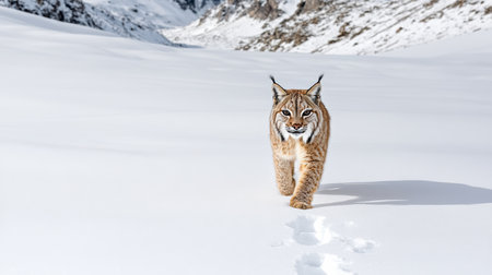 A Lynx walking through snowy landscape, leaving paw prints behindの素材