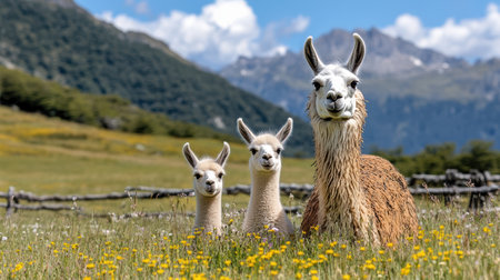 A Llama family with baby llama exploring sunny field in natureの素材