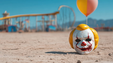 A bloodstained clown mask on deserted carnival ground evokes eerie feelingsの素材