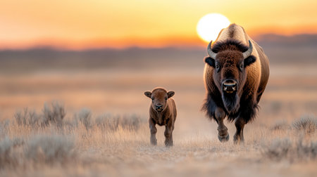 A bison calf playfully runs alongside its mother at sunsetの素材