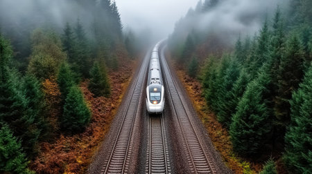 A sleek train glides silently through foggy forest landscapeの素材