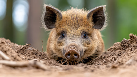 A wild boar digging for roots in forest floor, showcasing its curious expressionの素材