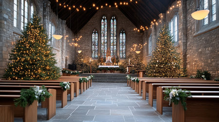 A beautifully decorated church for traditional Christmas service, featuring trees and lightsの素材