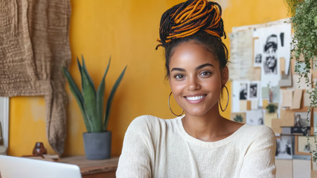 A woman smiling confidently in cozy workspace with vision boardの素材