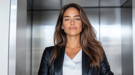A Confident woman in sleek outfit standing in elevator, exuding eleganceの素材