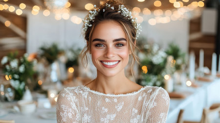 A Smiling woman in wedding dress with floral hair accessories, joyful atmosphereの素材