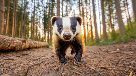 A badger with shiny coat walking through misty forest at sunsetの素材