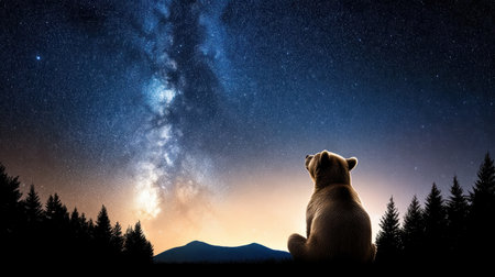 A bear gazing at stars in clear night sky, feeling wonder and aweの素材