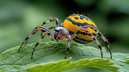 A colorful spider with vibrant patterns on green leaf, showcasing nature beautyの素材