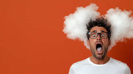 A Surprised man with glasses and cloud like hair on orange backgroundの素材