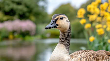 A close up of goose with vibrant flowers in background, showcasing nature beautyの素材