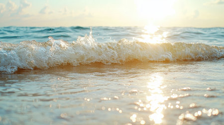A beautiful ocean wave curling gently under warm sunlightの素材