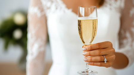 A woman in wedding dress holds champagne glass, celebrating joyfullyの素材