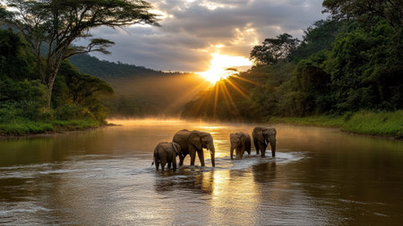 A herd of elephants crossing river at sunrise, creating serene sceneの素材