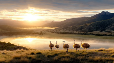A group of emus standing on hill at sunrise, surrounded by misty valleysの素材