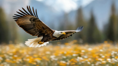 A majestic eagle soaring gracefully over vibrant field of wildflowersの素材
