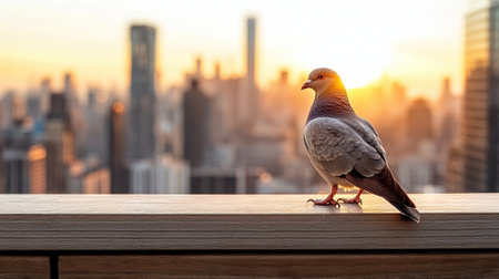 A pigeon perched on ledge with city skyline at sunsetの素材