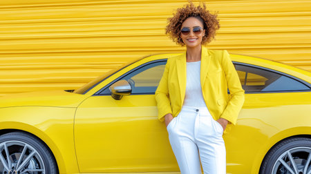A stylish woman in yellow blazer poses confidently by yellow carの素材