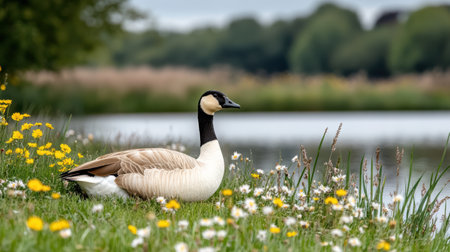 A peaceful scene of goose resting on grassy bank by lakeの素材