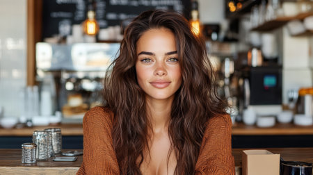 A stylish woman with long hair sitting in cozy cafe, smiling warmlyの素材