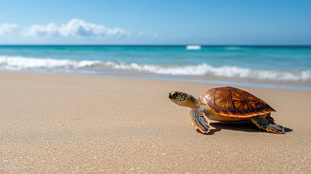 A serene image of turtle slowly walking across sandy beachの素材