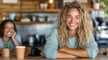A joyful woman with curly hair smiles at camera in cozy cafeの素材