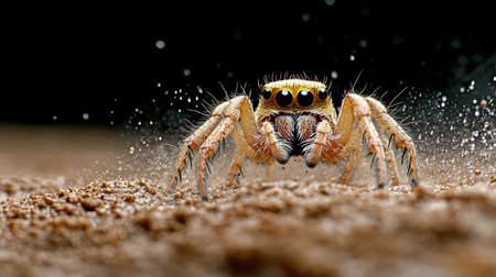A close up of spider in rain soaked environment, droplets glisteningの素材