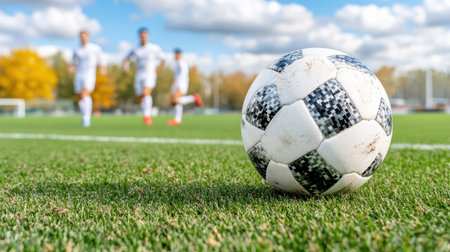 A soccer ball on green field with players in background enjoying gameの素材