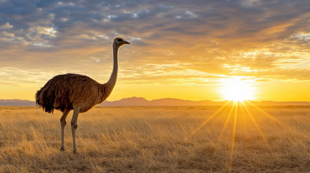 A silhouette of ostrich against vibrant sunrise in serene landscapeの素材