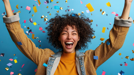 A Happy woman celebrating with confetti against blue backgroundの素材