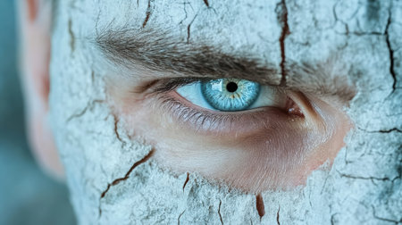 A close up of hollow eyed face with cracked skin and striking blue eyeの素材