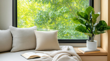 A cozy indoor reading nook with plush seating and view of greeneryの素材
