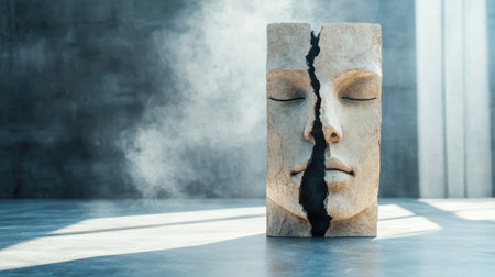 A cracked statue with serene face, evoking sense of mystery and emotionの素材