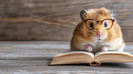 A hamster with glasses reading book on wooden surfaceの素材