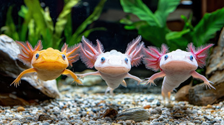 A group of colorful axolotls swimming gracefully in aquariumの素材