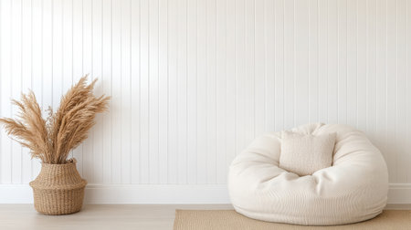 A serene corner nook with beanbag chair and neatly arranged plantの素材