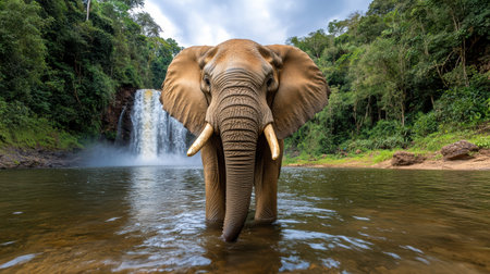 A Majestic elephant standing in front of waterfall, showcasing nature beautyの素材