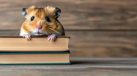 A hamster peeking out from behind colorful books, showcasing curiosity and charmの素材