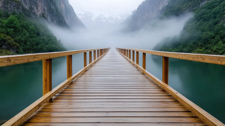 A wooden bridge disappearing into thick mist over serene lakeの素材