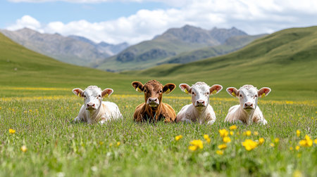 A Cattle resting in green field with mountains in backgroundの素材