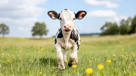 A playful calf frolicking in sunny meadow, enjoying fresh grassの素材