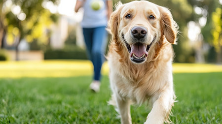 A golden retriever running happily through grassy park, enjoying playtimeの素材