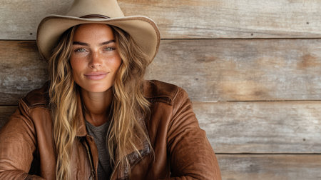 A confident woman in brown leather jacket and hat, posing against rustic wooden backgroundの素材